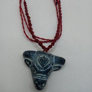 Unisex Bull Face Necklace Woven Macramé Thread Natural Stone